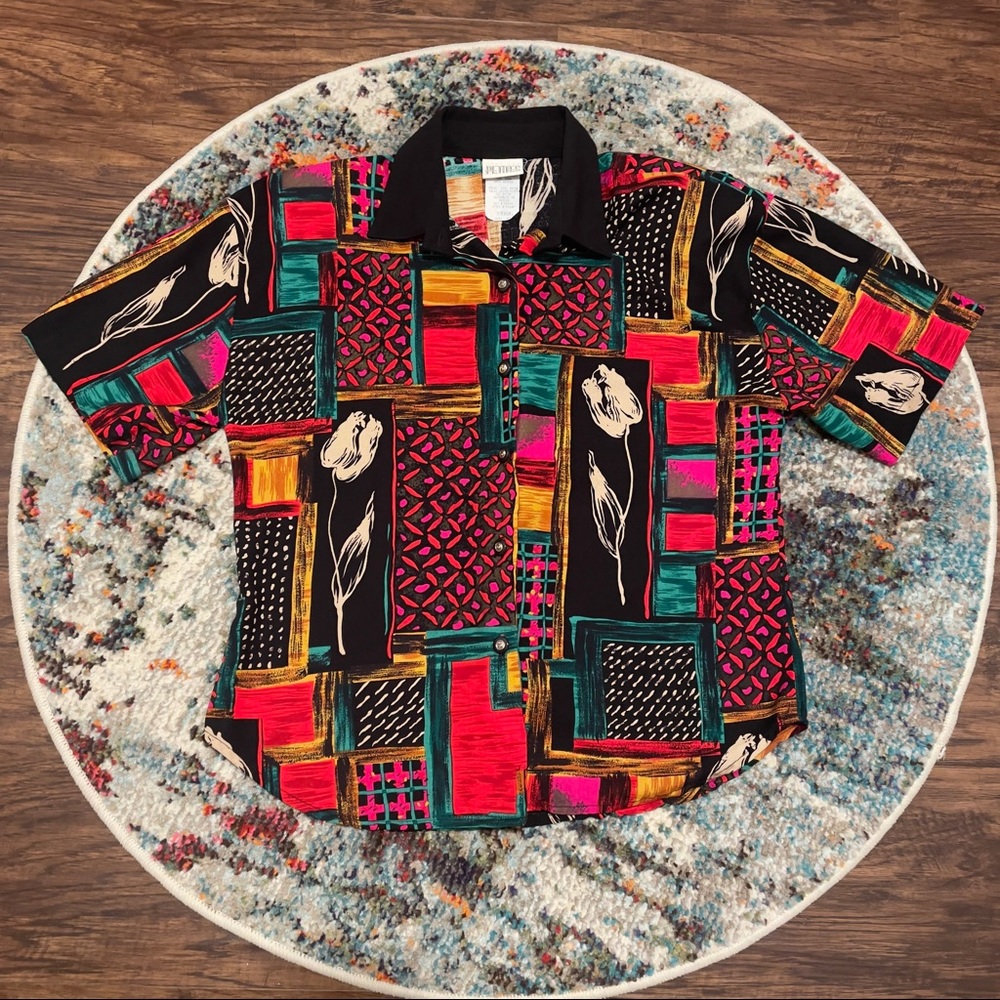 Vintage 80s Just For Petites Abstract Geometric Floral Button Shirt P/Medium